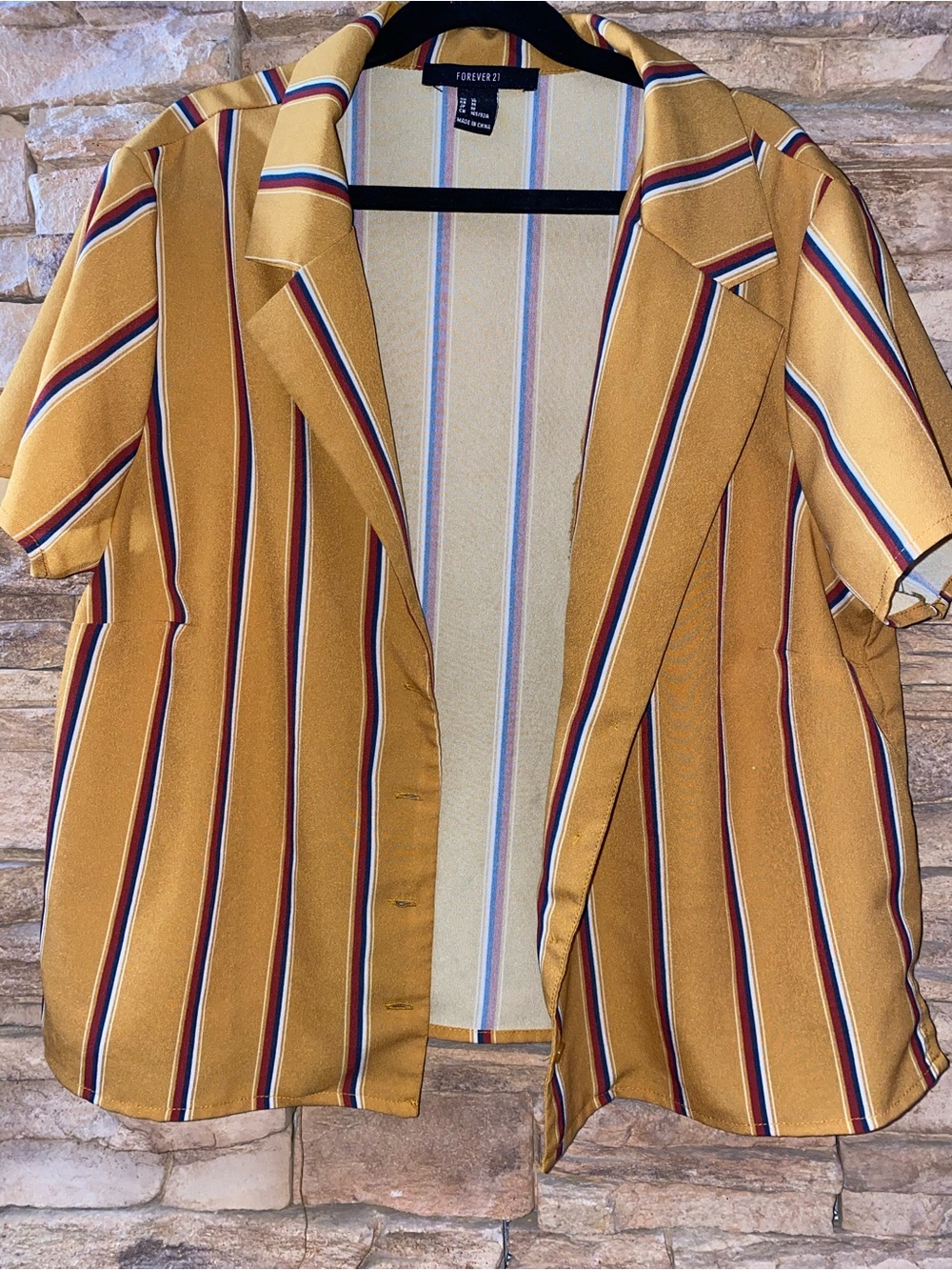 Forever 21 Mustard Yellow Striped Short Sleeve Button Down Blouse Medium